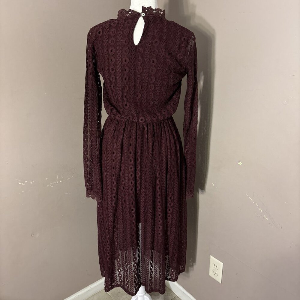 POL Maxi Dress Burgundy High Collar Lace Overlay Victoria Elastic Waist Sz S - Picture 5 of 8